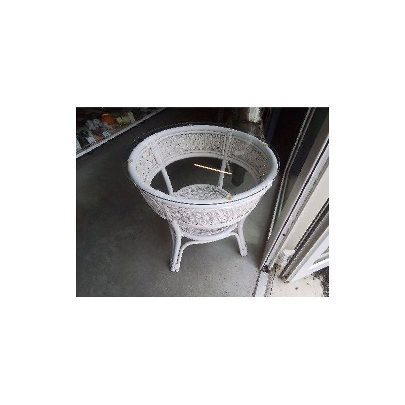 TABLE BASSE ROTIN BLANC DESSUS VERRE
