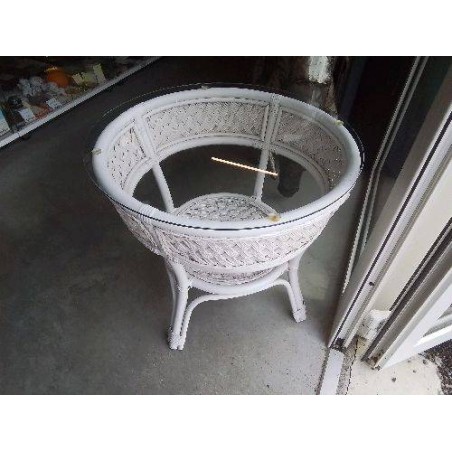 TABLE BASSE ROTIN BLANC DESSUS VERRE