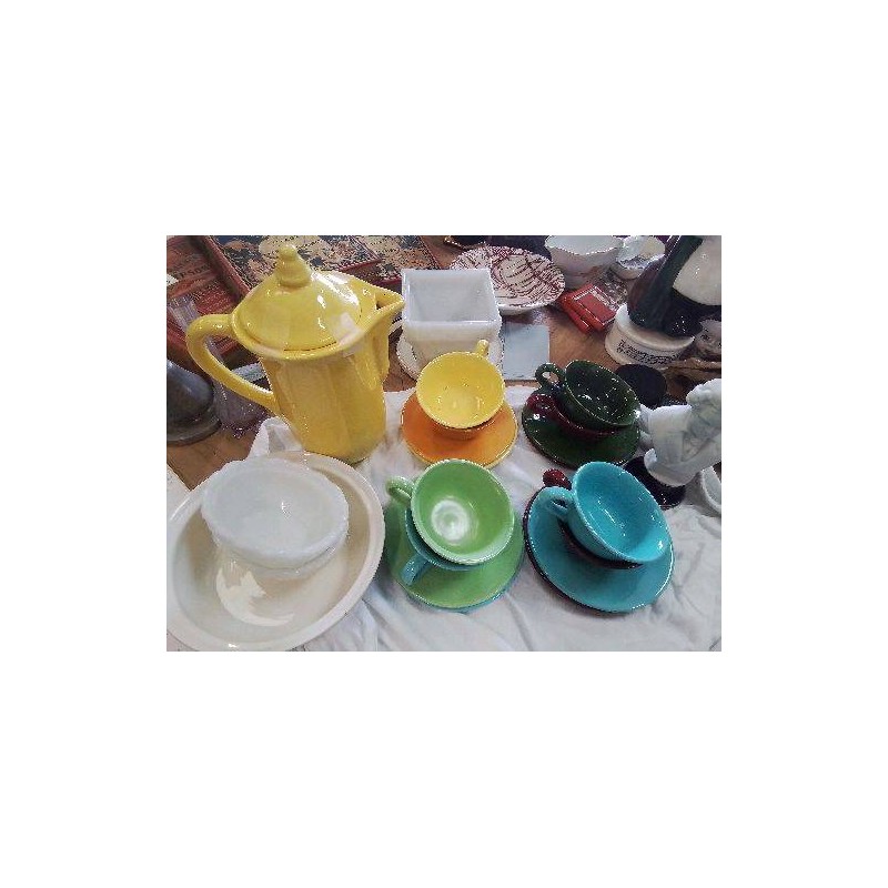 SERVICE MULTICOLORE CAFETIÈRE 8 TASSES ET SOUCOUPES CERAMIQUE