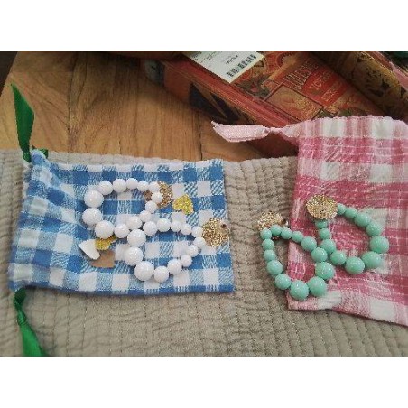 PAIRE DE BOUCLES OREILLE PERLES FANTAISIE AVEC POCHETTE VICHY