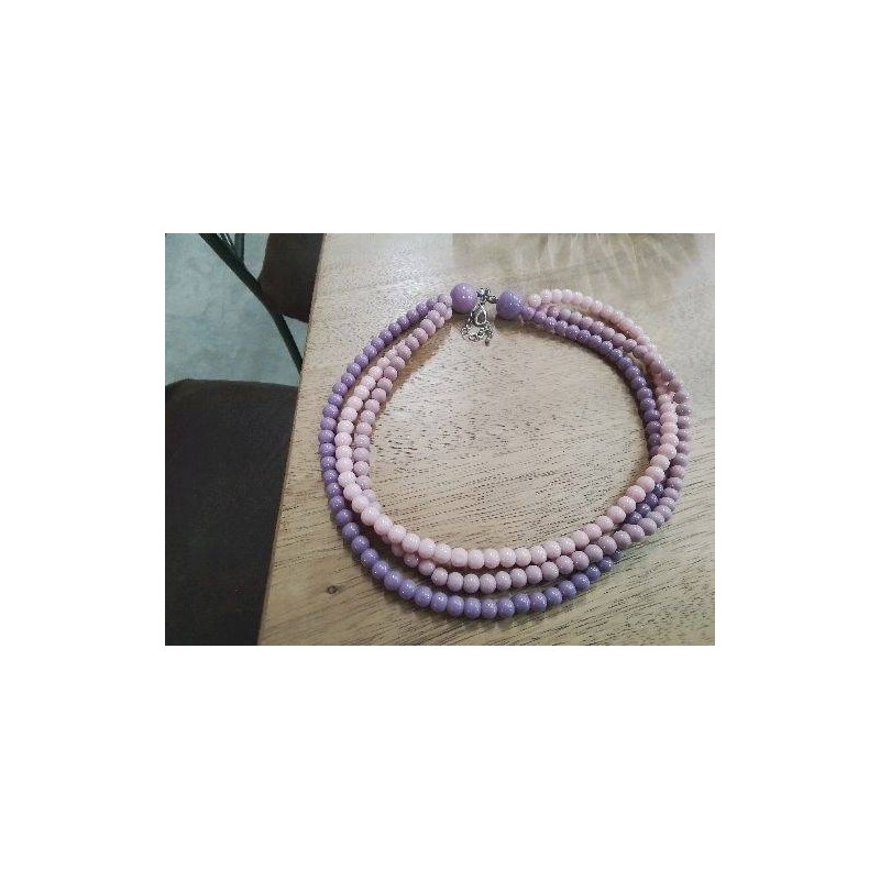COLLIER FANTAISIE VINTAGE TRIPLE RANGS PERLES ROSES VIOLETTES