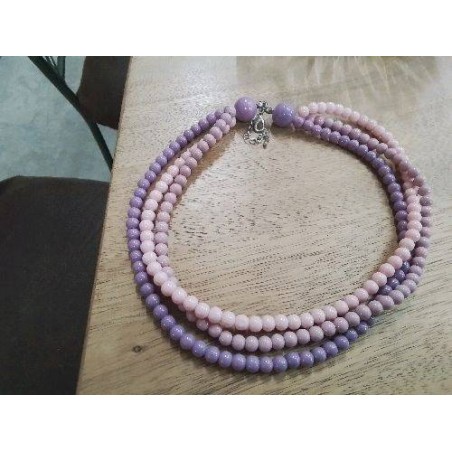 COLLIER FANTAISIE VINTAGE TRIPLE RANGS PERLES ROSES VIOLETTES