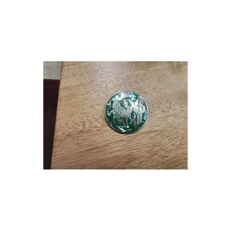 BROCHE RONDE MA NACRE EMAIL VERT ANE ET CAVALIER MEXICAIN