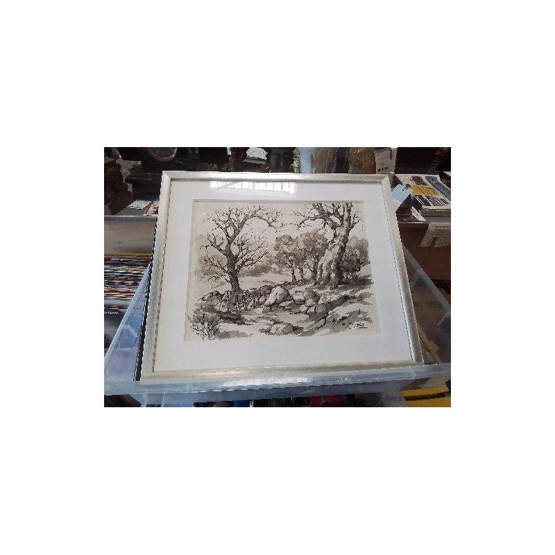 AQUARELLE PAYSAGE NOIR ET BLANC E.MELOT
