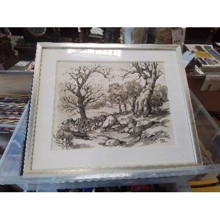 AQUARELLE PAYSAGE NOIR ET BLANC E.MELOT