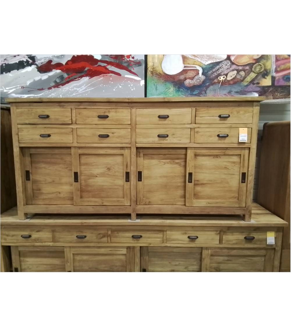 MU06-MEUBLE 4 PORTES 8 TIROIRS TECK RECYCLE 100/200/49CM