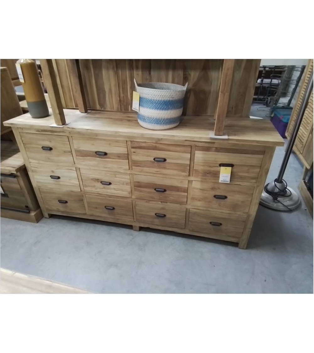 MU03-MEUBLE 12 TIROIRS TECK RECYCLE 90/180/42 CM