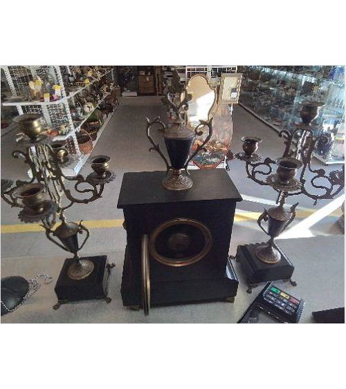 PENDULE 3 PIECES MARBRE BRONZE ETAT OK +CLÉ 