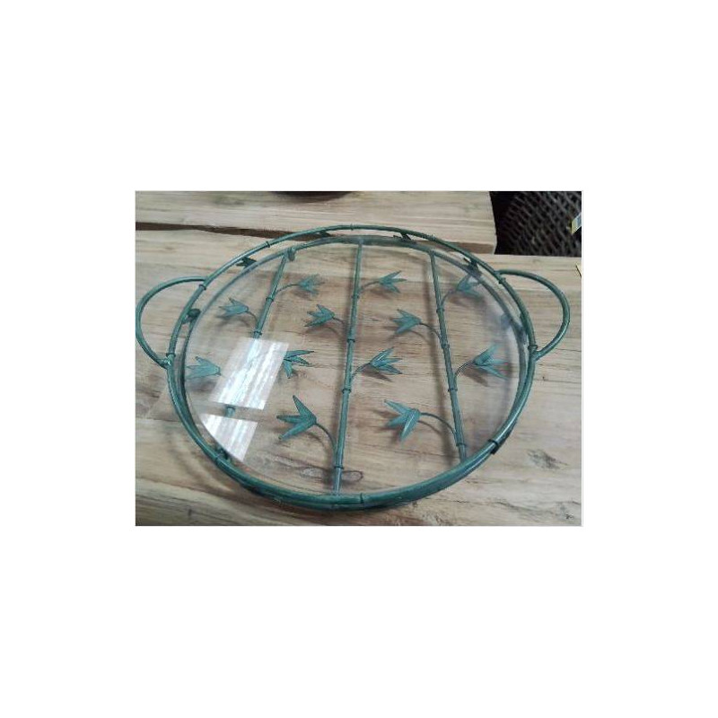 PLATEAU MÉTAL VERT DECO FEUILLES AVEC VERRE
