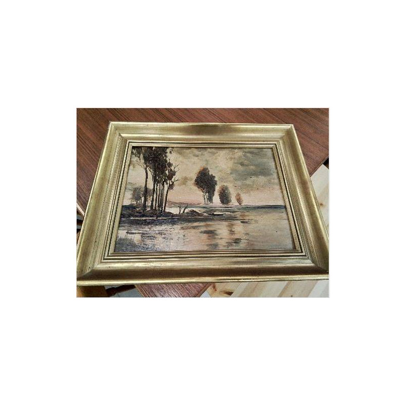 TABLEAU SUR BOIS PAYSAGE LAC BARQUE TOUR DORÉ 