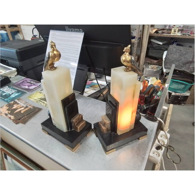 LAMPE ART DECO MARBRE ALBATRE BRONZE ARGENTE