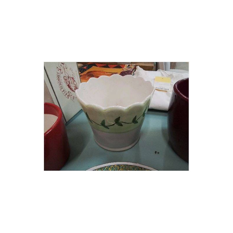 CACHE POT BLANC ET VERT DECO FEUILLE 