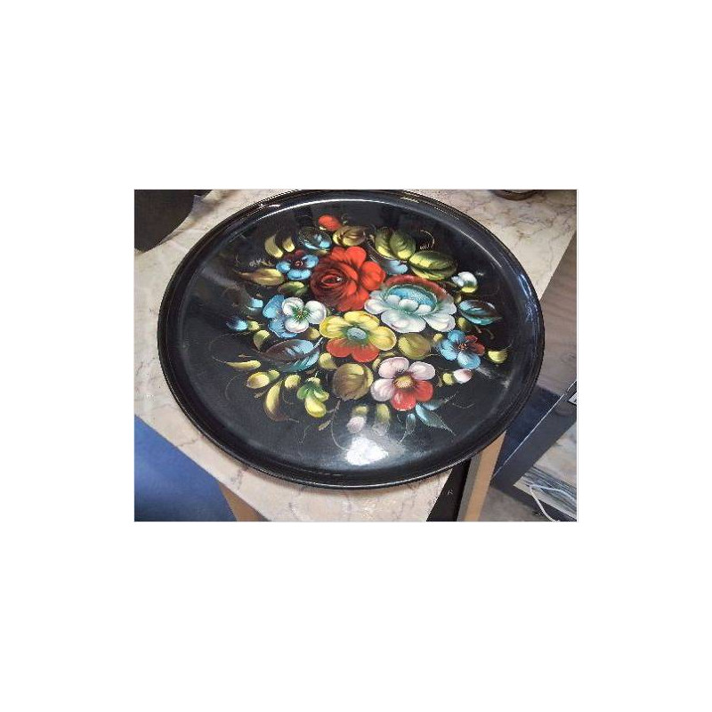 PLATEAU ROND EMAILLE FLEURS RUSSE DIAM 38CM