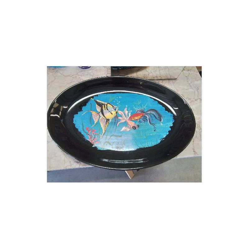 PLAT OVALE NOIR DECOR POISSONS COLORES