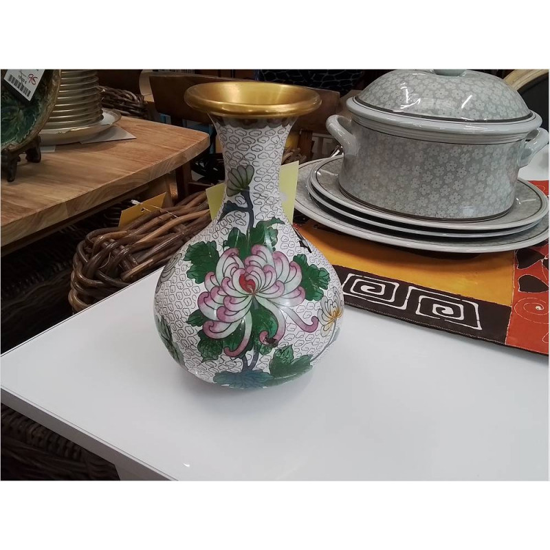VASE CLOISONNE BLANC FLEURS EN LETAT
