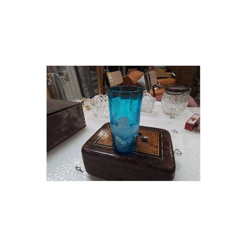 VERRE BLEU DECOR MAISON ÉMAILLÉ BLC