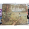 TOILE PAYSAGE FEMME ASSISE AVEC POULES