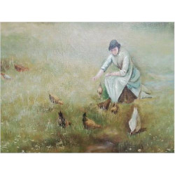TOILE PAYSAGE FEMME ASSISE AVEC POULES