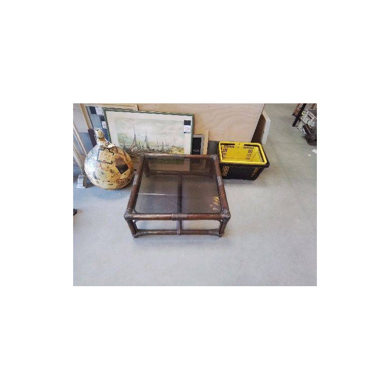TABLE BASSE ROTIN BAMBOU VERRE FUMÉ 