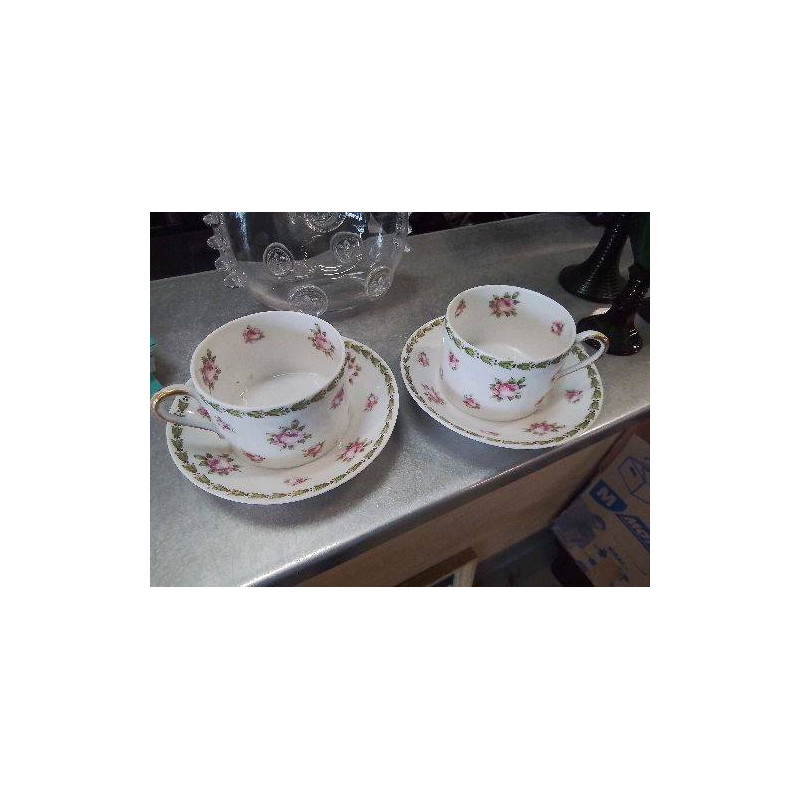 DUO TASSES HAVILAND FLEURIES ROSE VERT SOUS TASSES 