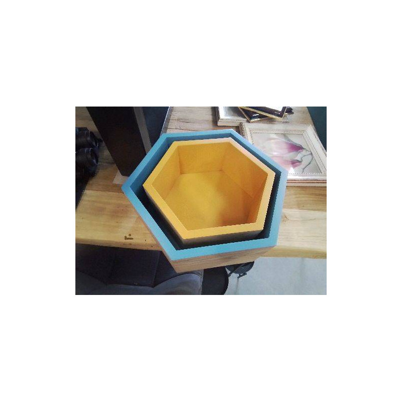 DUO ÉTAGÈRES PM HEXA BLEU JAUNE COUL BOIS 