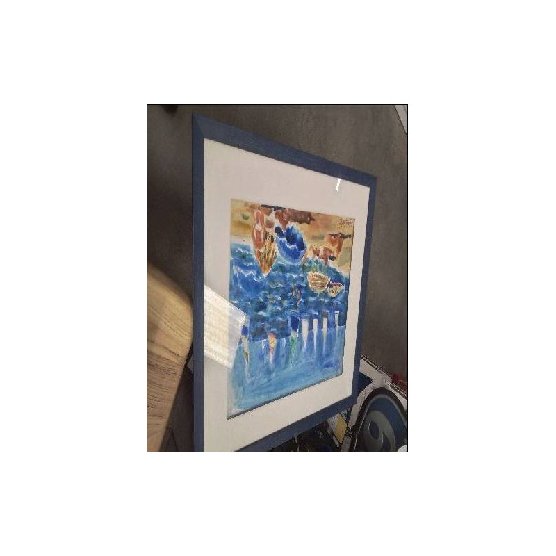 TABLEAU TOUR BLEU GM PLAGE PARASOLS BATEAUX ED RIGHETTI