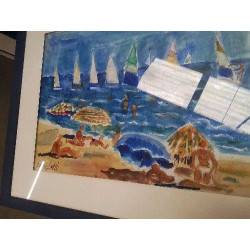 TABLEAU TOUR BLEU GM PLAGE PARASOLS BATEAUX ED RIGHETTI
