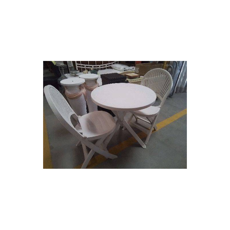 SALON DE JARDIN 2 CHAISES 1 TABLE RONDE PVC BLANC