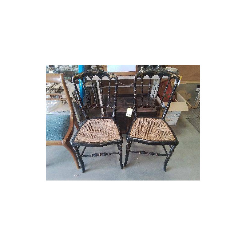 CHAISE BOIS PEINT NOIR DORÉ ASSISE CANNÉE 