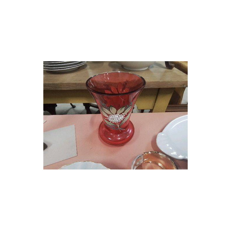 VASE VERRE ROUGE DÉCO FLEURS BLANCHES 