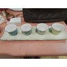 PLAT DE PRÉSENTATION + 4 TASSES PORCELAINE COULEUR TOUR ARGENTÉ 