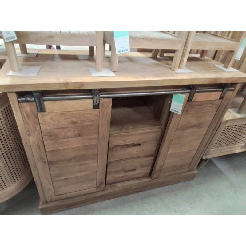 CANIND03-MEUBLE TECK 2 PORTES 3 TIROIRS 120/45/HT 90 CM