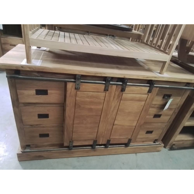 ME608-MEUBLE TECK METAL PORTES TIROIRS 138/40/89 CM