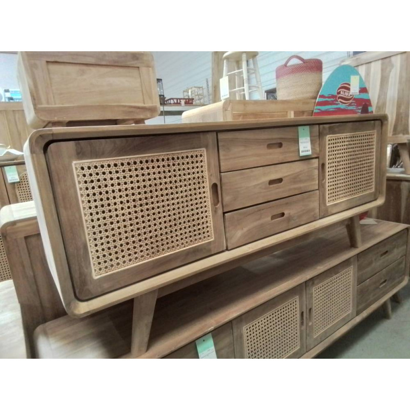 DN206-BUFFET TECK RETRO ROTIN 2 PORTES 3 TIROIRS 150/45/65 CM