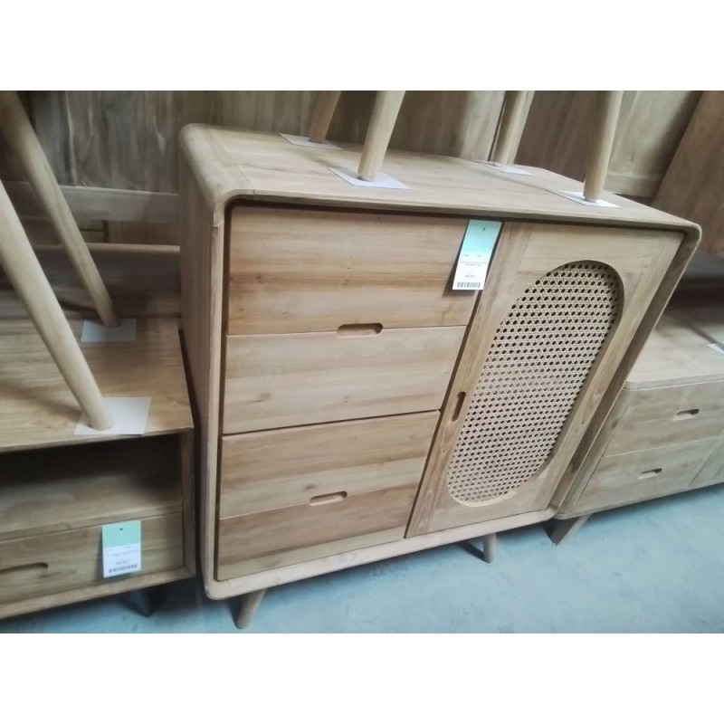 DN08-MEUBLE TECK ROTIN 4 TIROIRS / PORTE 90/45/HT 100CM