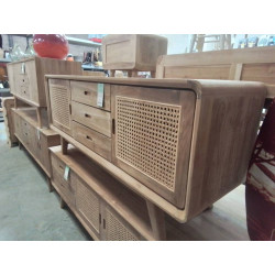 DN206-BUFFET TECK RETRO ROTIN 2 PORTES 3 TIROIRS 150/45/65 CM
