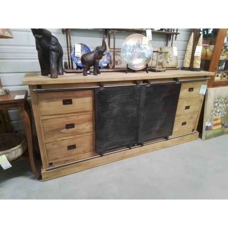ME602-MEUBLE TV TECK 6 TIROIRS 2 PORTES METAL STYLE INDUS 138X40X87