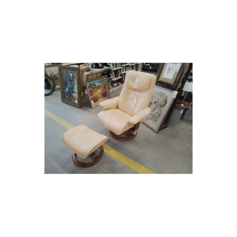 FAUTEUIL INCLINABLE CUIR CRÈME ET REPOSE PIED
