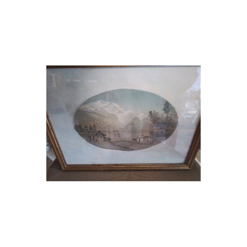 CADRE DESSIN 1878 MONTAGNES MAISONS 