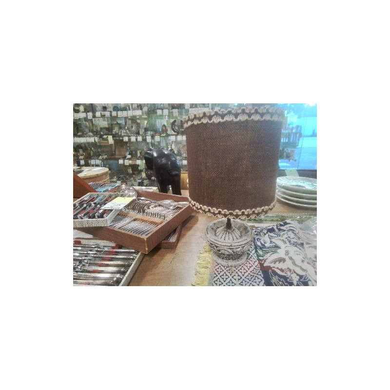 LAMPE VINTAGE PIED FAUSSE PIERRE STYLE MOYEN AGE ABAT JOUR LAINE MARRON
