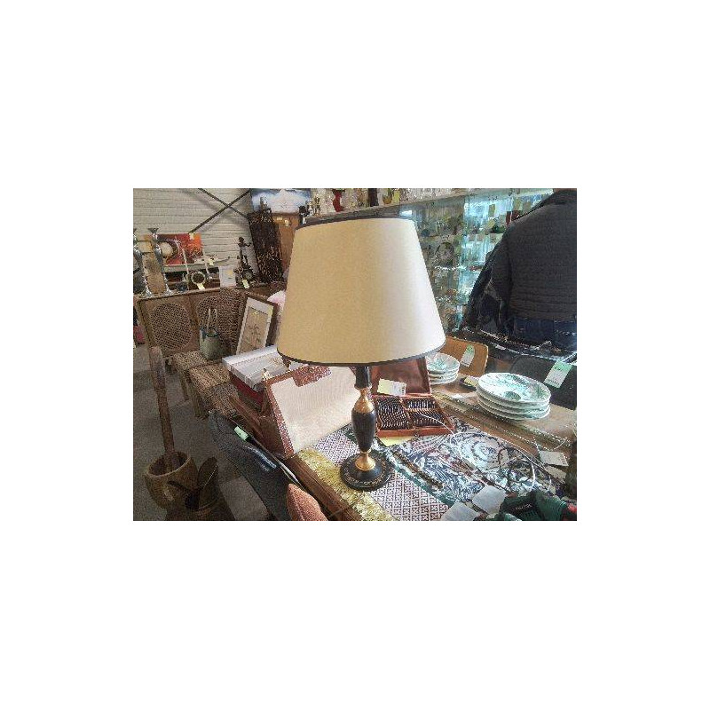 GRANDE LAMPE ART DECO LE TANNEUR 1960 CUIR NOIR ET OR VINTAGE AVEC ABT JOUR