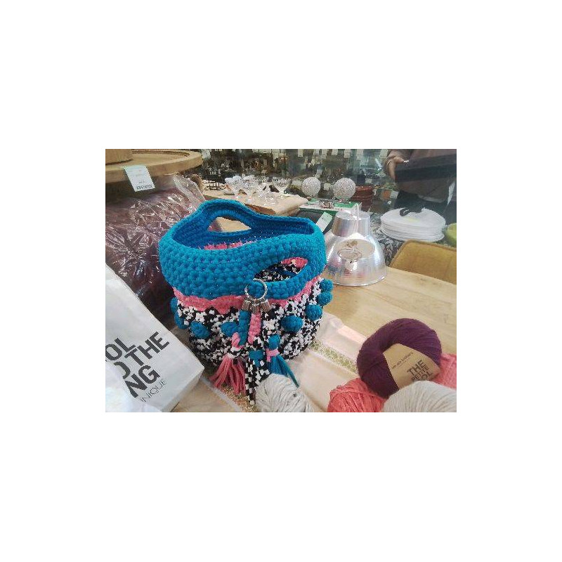 GRAND SAC FAIT MAIN CROCHET COTON RECYCLE BLEU ROSE