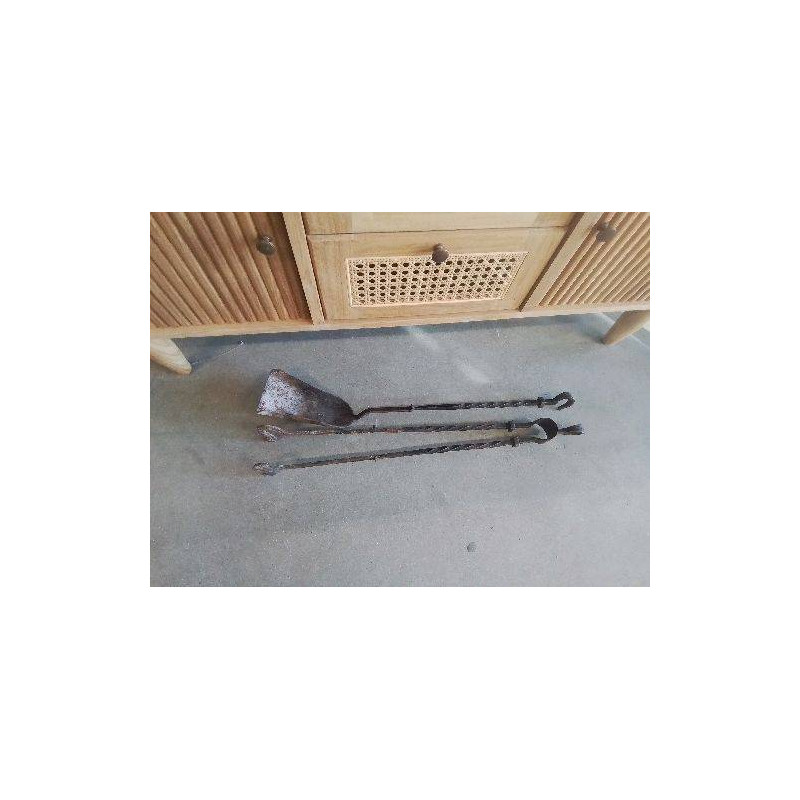 PAIRE OUTILS DE CHEMINEE PINCE ET PELLE ANCIENS METAL
