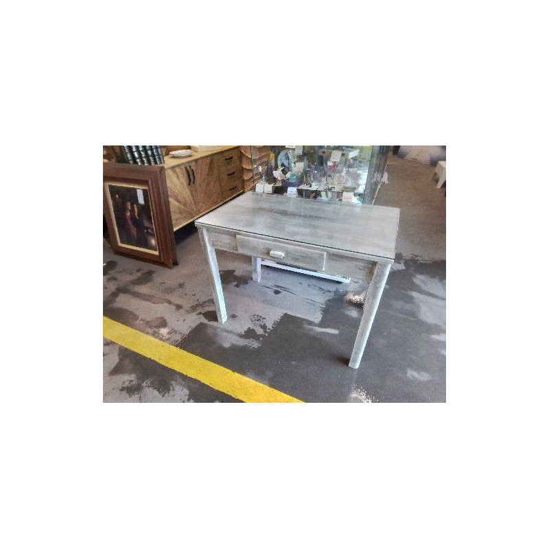 TABLE BUREAU PATINÉ  GRIS ARGENT PLAQUE VERRE