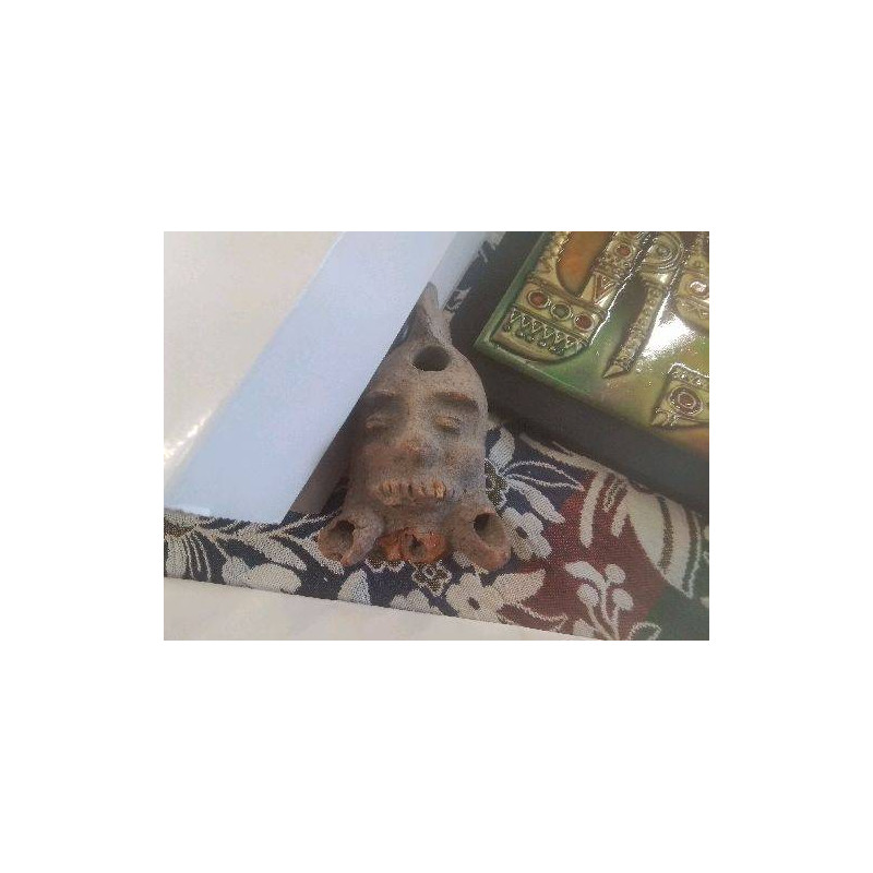 ANCIENNE LAMPE A HUILE EN TERRE CUITE PM VISAGE COLOMBIE