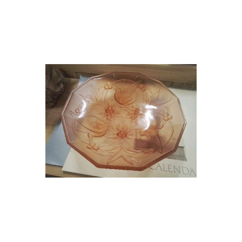 COUPE A FRUITS VINTAGE ART DECO VERRE ROSE OISEAUX