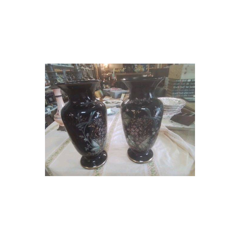 PAIRE VASES NOIR FLEURS EMAIL LIBELLULES 