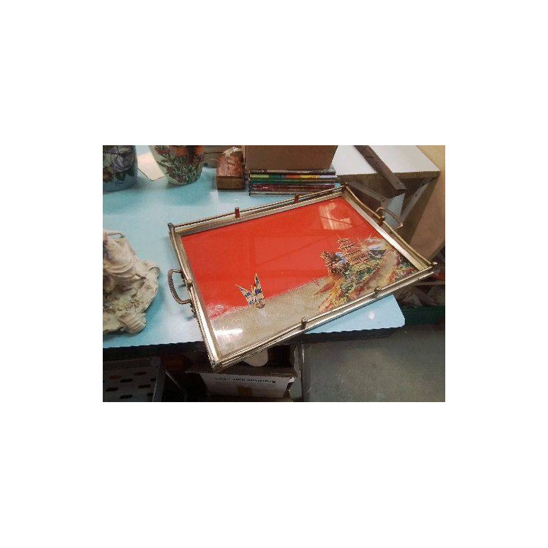 PLATEAU VINTAGE PEINTURE SUR VERRE DECOR JAPON