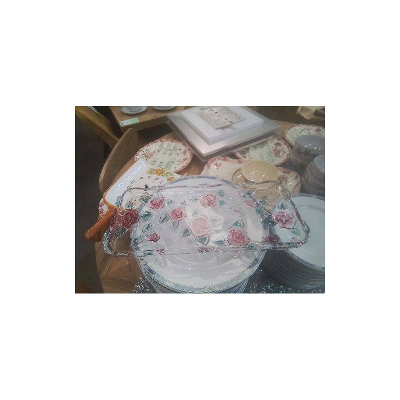 PLAT RECTANGULAIRE VINTAGE VERRE AVEC ROSES