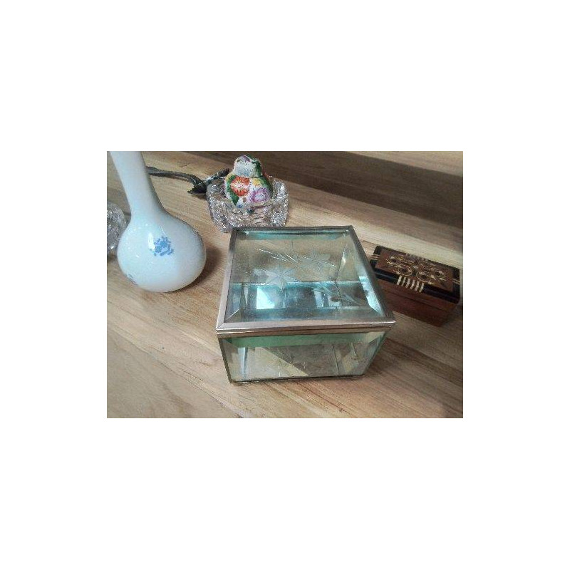 BOITE VINTAGE VERRE GRAVÉ BISEAUTÉ COFRET BIJOUX 